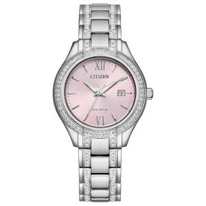 Citizen 여성용 EcoDrive 크리스탈 에코 시계 다이얼 핑크 실버 모던 팔찌