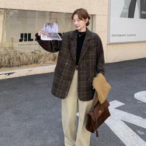 엘럽 여성 빈티지 체크 정장 모직 코트 캐쥬얼 도톰한 트위드 원템