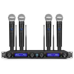 MICROCKING 4채널 UHF 무선 마이크 시스템 수신기가 있는 휴대용 4개 400피트 장거리 교회 회의 결혼식 노래방 및 연설을 위한 전문가용 다이내믹 세트