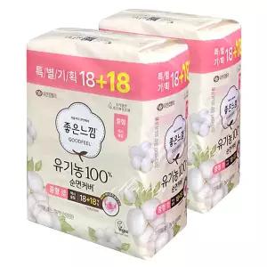 좋은느낌 유기농 순면커버 맥시슬림 날개 중형 (18+18)36매x2개 오가닉 내추럴코어