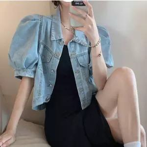 여자 여름 벌룬 퍼프 소매 반팔 청자켓 데님 크롭 반팔 청자켓 썸머자켓 퍼프 데님자켓