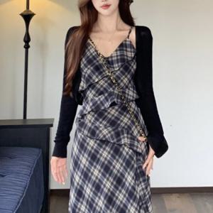 비트리나 체크쉬폰롱원피스 체크 여성 쉬폰 롱 뷔스티에 여름롱 끈나시 여자 끈 쇼핑몰 여름쉬폰 예쁜 편한