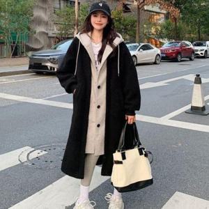 여성 레이어드 양털 뽀글이 롱 후드 점퍼 아우터 0421