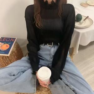 여성 퍼프 주름 반폴라 긴팔 블라우스 예쁜 데이트룩 0421
