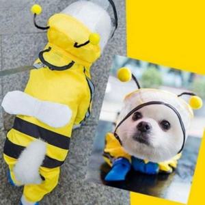 꿀벌 강아지 우비 후드 애견 우비 산책 레인코트 노랑 네발