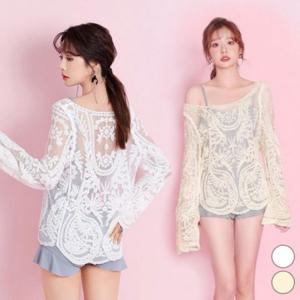 나뭇잎 자수 수영복 커버업 블라우스 ELC9072 여아상하복 비치 비치바지 여성 바지 수영복 루즈핏 상의 흐