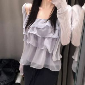 여성 3단 캉캉 프릴 쉬폰 나시 블라우스 연보라 여름
