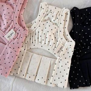 강아지 도트 쫀쫀 플 원피스 아이보리 1P 민소매 치마