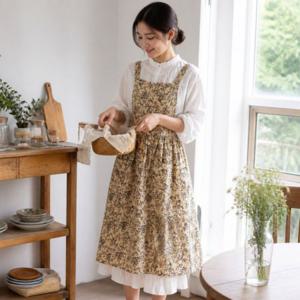 면 원피스 앞치마 플라워 프릴 주방 조리용 가든 홈카페 작업복 룩