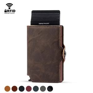 Rfid 신용 카드 소지자 럭셔리 분할 가죽 지갑 남성 금속 슬림 얇은 미니멀리스트 지갑 은행 카드 소지자 케이스 여행 지갑