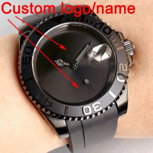 맞춤형 블랙 플레인 다이얼 날짜 표시 없음 20ATM 40mm 블랙 PVD 케이스 NH35 오토매틱 시계 사파이어 세라믹 베젤 고무 스트랩