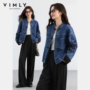 VIMLY 여성용 중국 스타일 데님 재킷 레이디 2026 봄 가을 자수 긴 소매 스트레이트 컷 아우터 여성 의류 75351