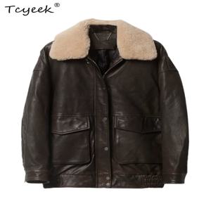 Tcyeek 리얼 가죽 자켓 여성 겨울 의류 루즈핏 양가죽 화이트 구스 다운 코트 여성 양털 칼라 자켓 코우로