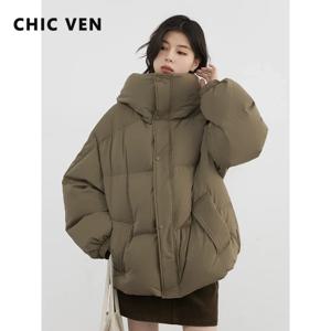CHIC VEN 여성용 다운 코트, 루즈 후드 90 화이트 덕 다운 재킷, 따뜻한 빵 재킷, 가을 겨울 2024, 신상