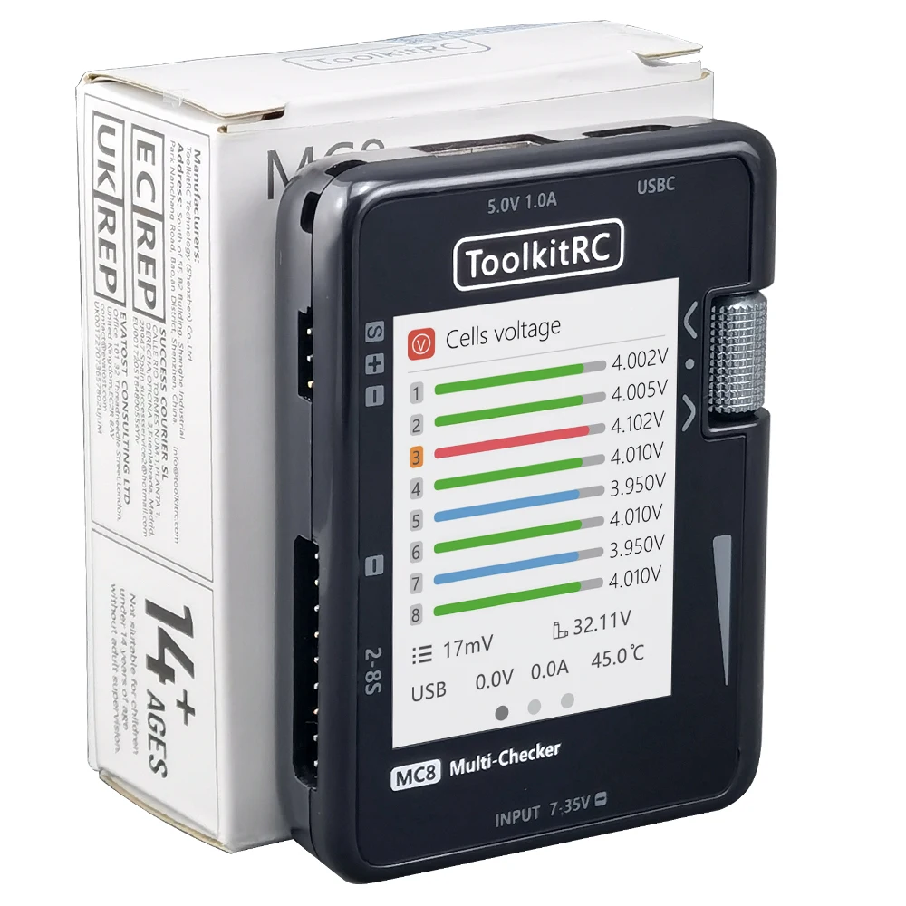 ToolkitRC MC8 미니 사이즈 셀 체커 32비트 2-8S 배터리 멀티 체커 PWM 출력 PPM SBUS 판독 USB-C 고속 충전 지원