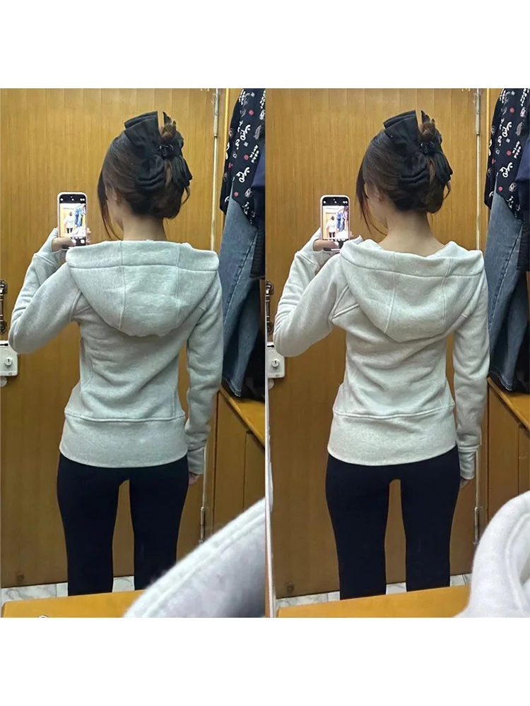 레트로 아메리칸 화이트 그레이 후드 가디건 여성 요가 탑 봄 가을 유행 아우터 통기성 긴팔 지퍼
