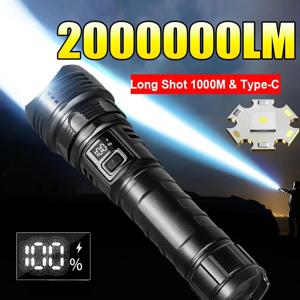 2000000 고출력 LED 손전등 타입-C 충전식 토치 장거리 1000M 방수 핸드램프 야외 캠핑 낚시 랜턴