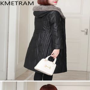 KMETRAM 정품 양가죽 다운 재킷 여성용 후드 밍크 퍼 칼라 롱 코트 따뜻한 푸퍼 재킷 겨울 여성 의류 2026 경량패딩