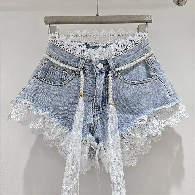 아메리칸 크로셰 레이스 데님 반바지, 진주 장식 허리띠, 여름 캐주얼 패션, 여성용 스윗 레이스 패치워크 프린지 핫진