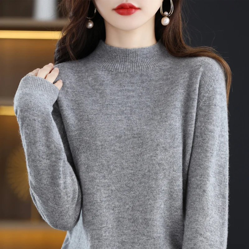 새로운 패션 가을, 겨울 순수 양모 스웨터 탑 여성 세미 터틀넥 솔리드 컬러 긴팔 패션 풀오버 Sweater101