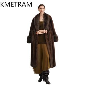 KMETRAM 100% 밍크 퍼 코트 여성용 고품질 롱 리얼 퍼 코트 세이블 칼라 겨울 외투 여성 의류