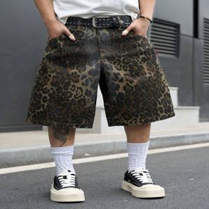 남성용 여름 레트로 레오파드 프린트 데님 반바지, 워싱 루즈핏 와이드 레그 하이 스트리트 그런지 무릎 길이 데님 반바지