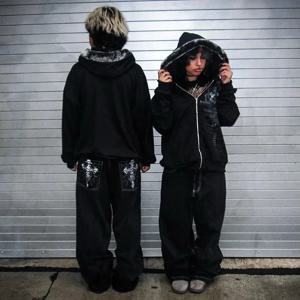 새로운 Y2K streetwear 청바지 아메리칸 스트리트 의류 남성 여성 하라주쿠 해골 스트레이트 와이드 레그 바지 힙합 캐주얼 까마귀 탑