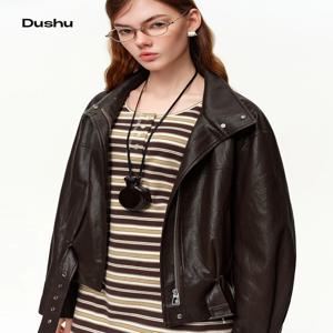 DUSHU 한국 스타일 릴렉스 모터사이클 가죽 재킷 2026 봄 신상 캐주얼 숏 재킷 여성용 스윗 쿨 레트로 솔리드