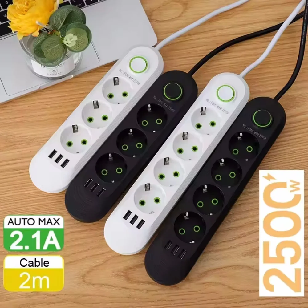 2500W EU 플러그 AC 콘센트 멀티플라이어 전원 스트립 2m 연장 코드 전기 소켓 네트워크 필터 USB 포트 포함 고속 충전