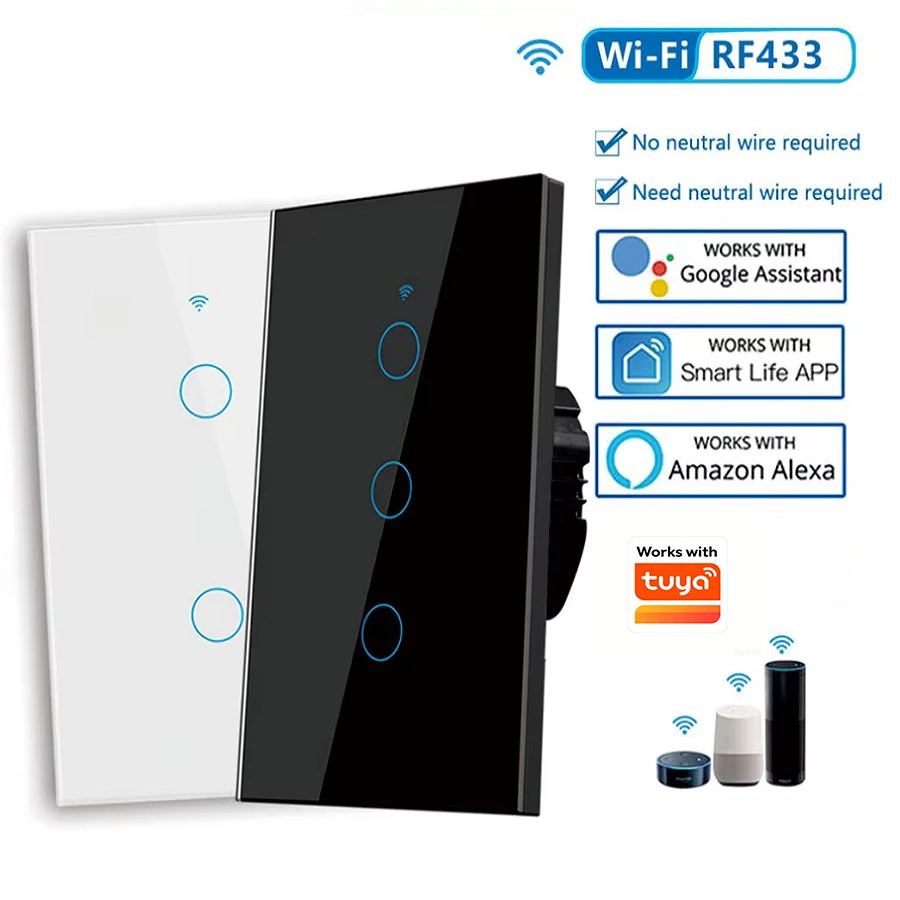 미국 와이파이 스마트 벽 스위치 터치 센서 LED 조명 스위치 RF433 1/2/3/4 갱 투야 스마트 홈 앱 알렉사 구글 홈 연동