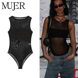 MUJER 섹시한 Tulle 바디 슈트 여성 민소매 탑 메쉬 바디 슈트 여성 여름 점프 슈트 여성용 투명 란제리 바디 슈트