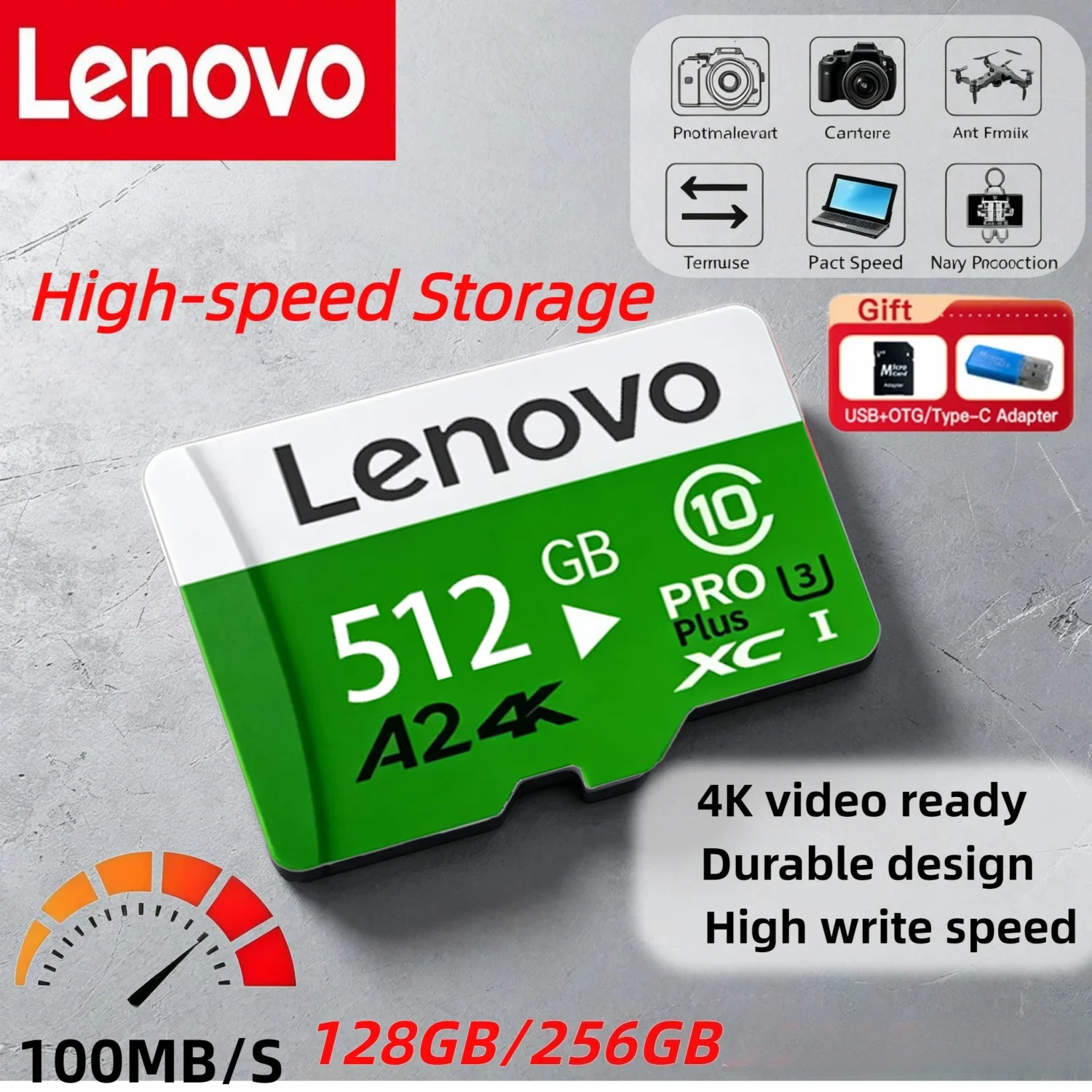 레노버 메모리 카드 고내구성 비디오 모니터링 TF 카드 64GB 128GB 512GB 스마트폰 카메라 드론용 골든 마이크로 TF SD 카드