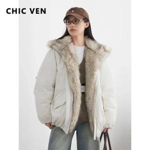 CHIC VEN 여성용 다운 코트 솔리드 후드 루즈핏 캐주얼 페이크 퍼 칼라 90 화이트 덕다운 여성용 다운 재킷 가을 겨울 2026