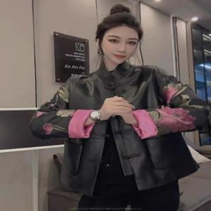 봄 신상품 짧은 정품 양가죽 자수 꽃무늬 자켓 여성용 레트로 버튼업 가죽 탑 코트