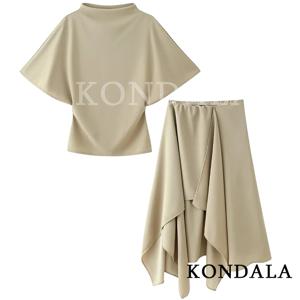 KONDALA 여성 트렌디 스커트 세트 하프 하이 칼라 탑 비대칭 스커트 새로운 패션 2026 봄 여름 해변 휴가 스커트 세트