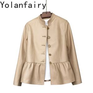 YOLANFAIRY 럭셔리 100% 진짜 양가죽 코트 여성 우아한 짧은 정품 가죽 자켓 여성 허리 높은 품질의 가죽 코트