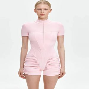 JULISSA MO 터틀넥 요가 반팔 지퍼 여성용 플레이수트 하이 웨이스트 루치드 바디수트 여름 슬림 캐주얼 스포티 플레이수트 신상품