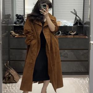 이탈리아 수입 염소가죽 스웨이드 롱 트렌치 코트 여성용 클래식 드롭 숄더 수트 칼라 벨트 슬림 리얼 레더 맥시 트렌치