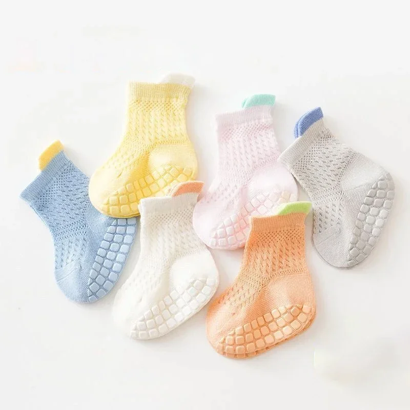 여아용 순면 양말, 통기성 얇은 양말, 어린이 양말 키트, 미끄럼 방지, 6 가지 색상의 그물 눈, 3 쌍/로트