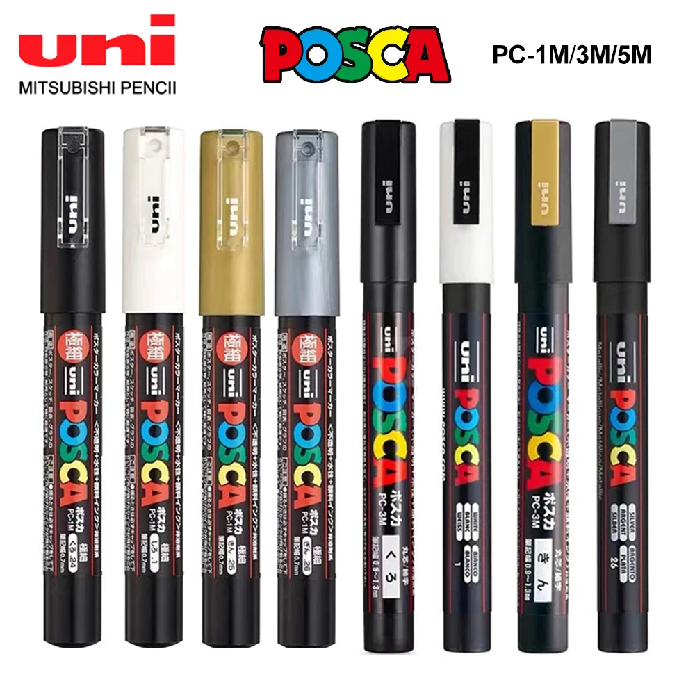 1pcs 일본 UNI POSCA 마커 펜 PC-1M/3M/5M 팝 포스터 낙서 영구 아크릴 마커 화이트 블랙 골드 실버 미술 용품