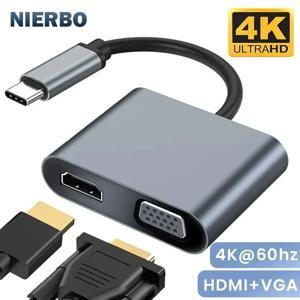 USB C-HDMI 및 VGA 어댑터, 2-in-1 4K@60Hz 휴대용 사각형 컨버터(맥북, 아이패드, 델 노트북 및 태블릿용)