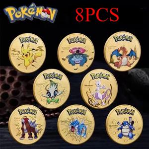 8pcs 포켓몬 기념 동전 금속 동전 애니메이션 기념 동전 Charizard 피카추 황금 포켓몬 카드 라운드 금속 동전 장난감