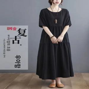 플러스 사이즈 여름 원피스 2026 신상 루즈핏 A라인 롱 스커트 슬리밍 뱃살 커버 트렌디 코튼 린넨 원피스
