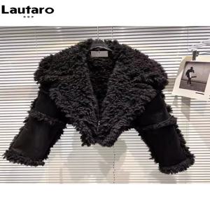 Lautaro 여성용 짧은 털 두꺼운 따뜻한 블랙 인조 양가죽 코트, 긴 소매 럭셔리 디자이너 푹신한 재킷 2023, 가을 겨울