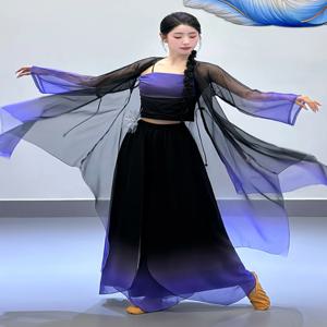우아한 긴 중국 고대 스타일 댄스 의상 보라색 검정색 재즈 동화 가운 드리프팅 베일 무대 공연 여성 의상