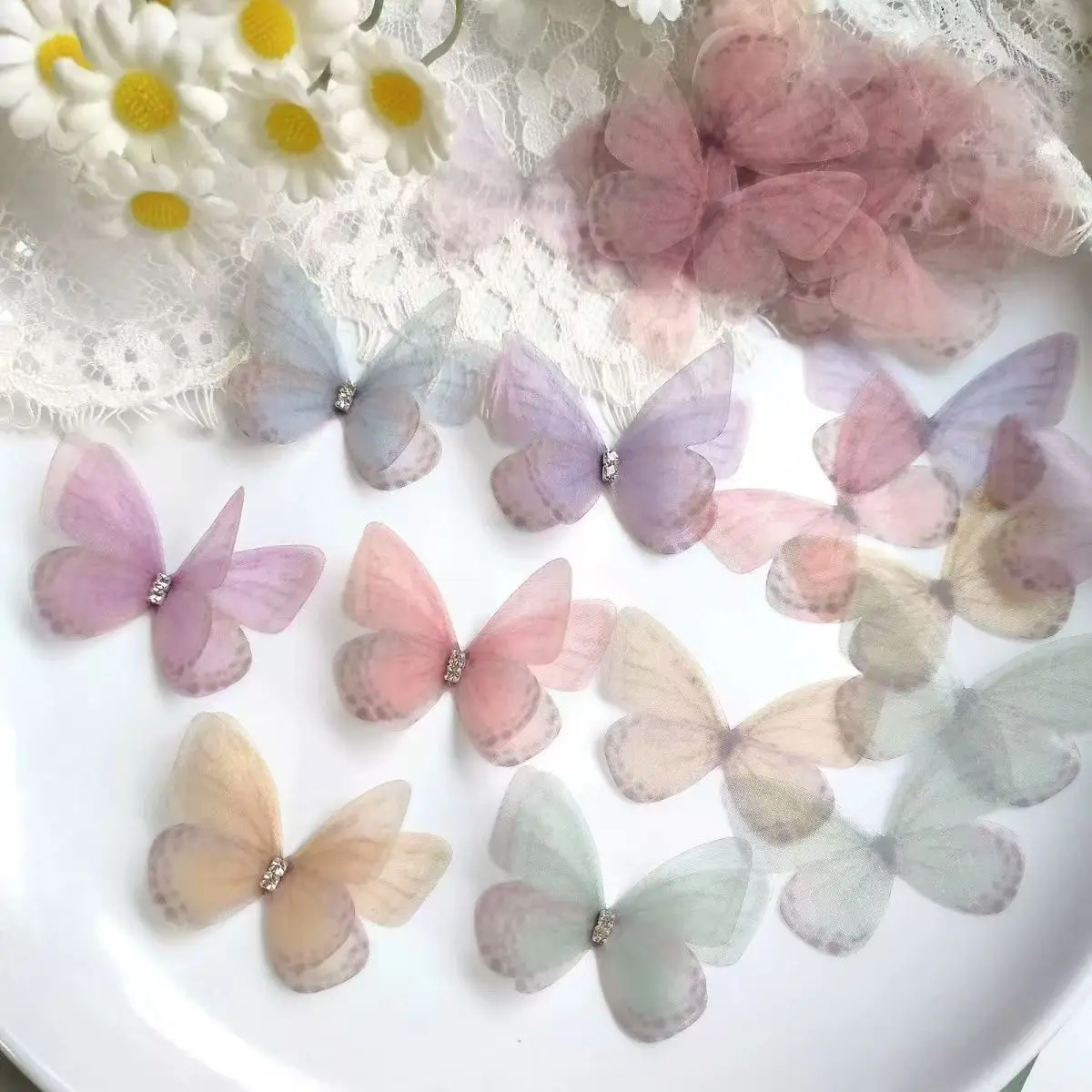 밝은 색상의 투명한 나비 장식 30개, 3D 모조 직조 나비, DIY 헤어 액세서리