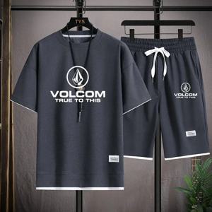 VOLCOM 신상품 남성용 와플 스포츠 티셔츠 및 반바지 세트 프린트 캐주얼 스포츠웨어 패션 반팔 티셔츠 여름 데일리 아웃도어