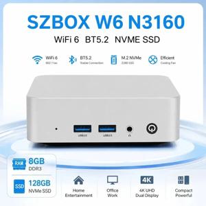 W6 미니 PC 인텔 셀러론 프로세서 N3160 저전력 미니 PC 윈도우 10 8GB 128GB M.2 SATA SSD USB3*2 1000M LAN 데스크탑 사무용 PC