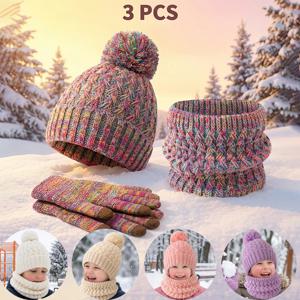 3pc3-12Y 단색, 플리스 및 두꺼운 아동용, 남아 및 여아용 모자, 스카프 및 장갑 세트