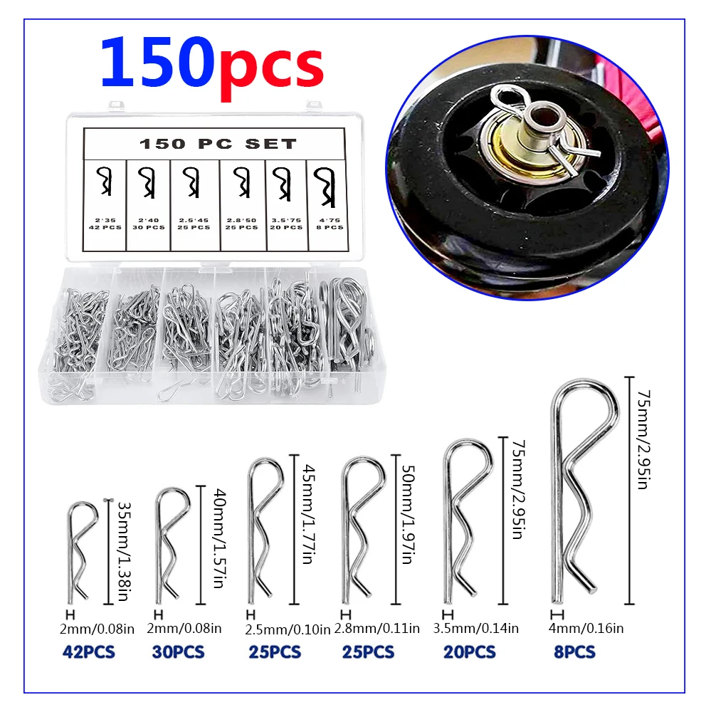 100/150개 코터핀 스프링 커넥터 2mm, R-클립 스플린트 모음 아연 도금 스프링 핀 안전핀 세트